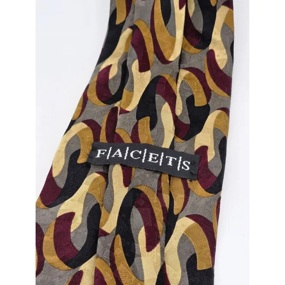 Men's FACETS Gray & Brown Abstract Pattern Silk Tie One Size - Picture 3 of 3